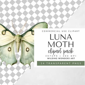Luna Moth Clipart Pack branding image featuring a watercolor Luna moth and text about commercial use, file size, resolution, and quantity.