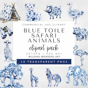 Blauwe toile-safaridieren clipartpakket voor commercieel gebruik, safari toile de jouy, junglesafari dier, chinoiserie-illustraties, jongensbabyshower