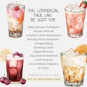 A watercolor-style dirty soda clipart pack featuring 28 unique drink and fruit illustrations. Includes a variety of colorful soda combinations with ice, cream, citrus, berries, and garnishes. Files are high-resolution 300 DPI PNGs with transparent backgrounds for easy layering and design use. Suitable for menus, party decor, invitations, digital products, and creative projects.