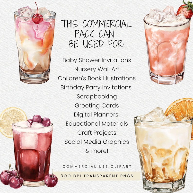 A watercolor-style dirty soda clipart pack featuring 28 unique drink and fruit illustrations. Includes a variety of colorful soda combinations with ice, cream, citrus, berries, and garnishes. Files are high-resolution 300 DPI PNGs with transparent backgrounds for easy layering and design use. Suitable for menus, party decor, invitations, digital products, and creative projects.