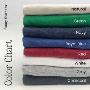 Op de afbeelding: Kleurenkaart met verschillende T-shirt kleuren, waaronder naturel, groen, marine, koninklijkblauw, rood, wit, grijs en antraciet.