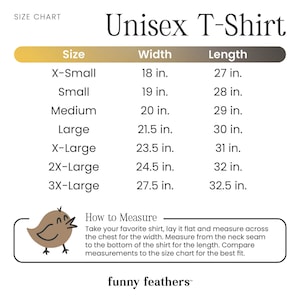 Op de afbeelding: Unisex T-shirt maattabel met metingen in inches. De tabel toont de breedte en lengte van het shirt voor maten X-Small tot 3X-Large. De tabel bevat ook instructies over hoe je een shirt kunt meten voor de beste pasvorm.
