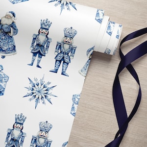 Rotolo di carta da regalo natalizia Chinoiserie, carta da regalo natalizia blu, carta da regalo Schiaccianoci, rotolo di carta da regalo di Babbo Natale
