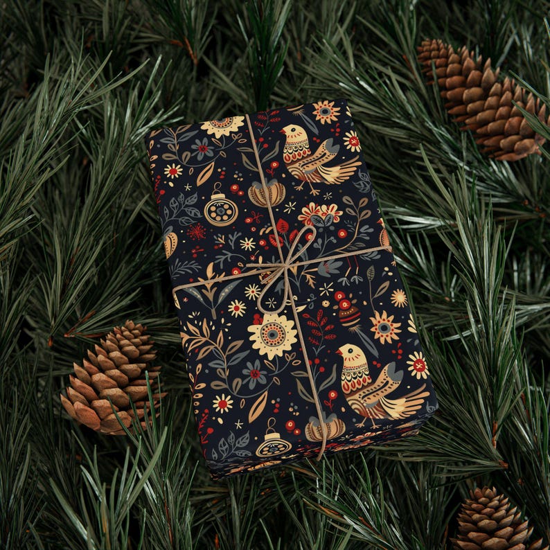 Papel de regalo de arte popular: rollo de papel de regalo navideño azul marino imagen 7