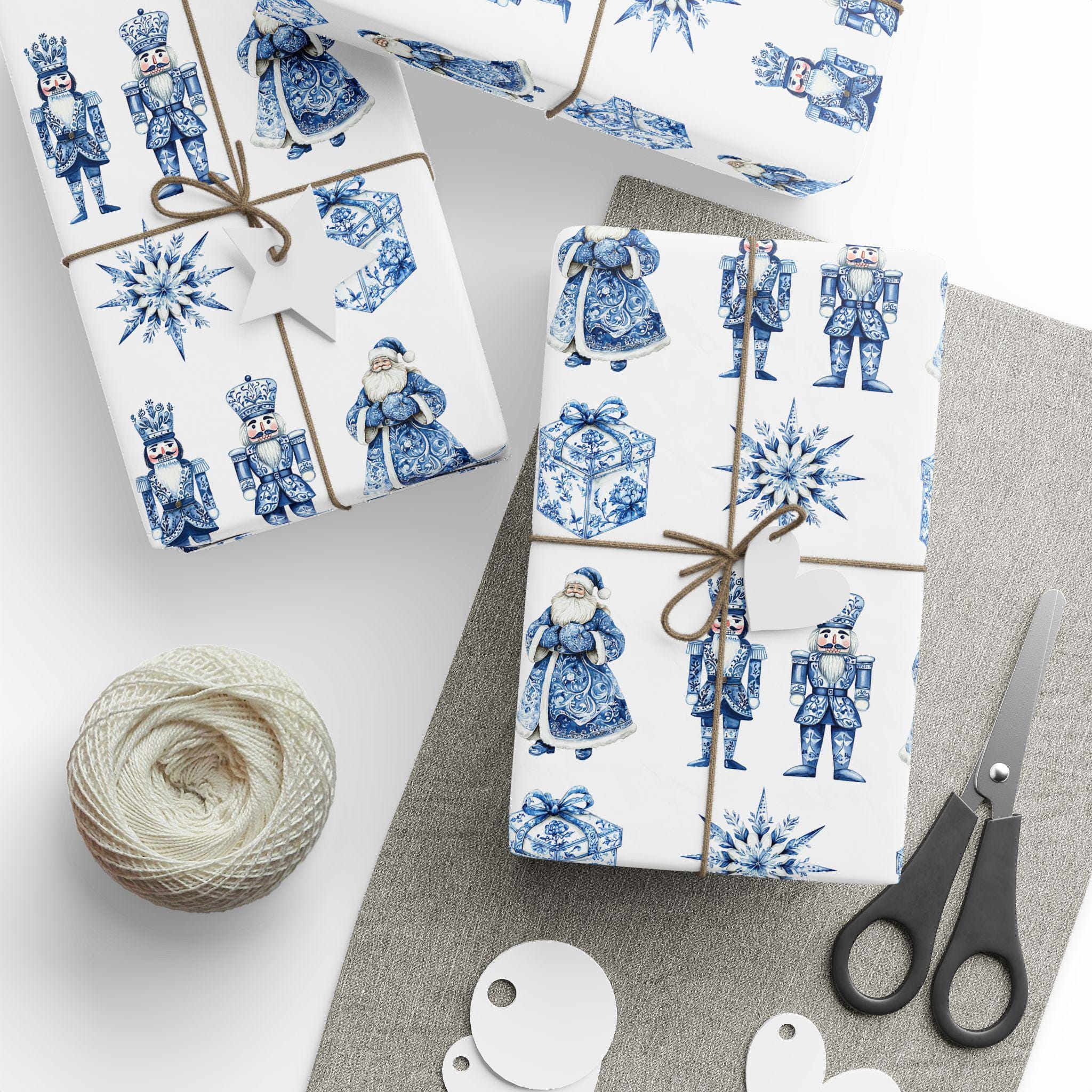 Nutcracker Blue Toile Christmas Wrapping Papers, Holiday Gift Wrap, Festive Gift Wrap, Christmas Wrapping Sheets, Wrapping Paper Roll