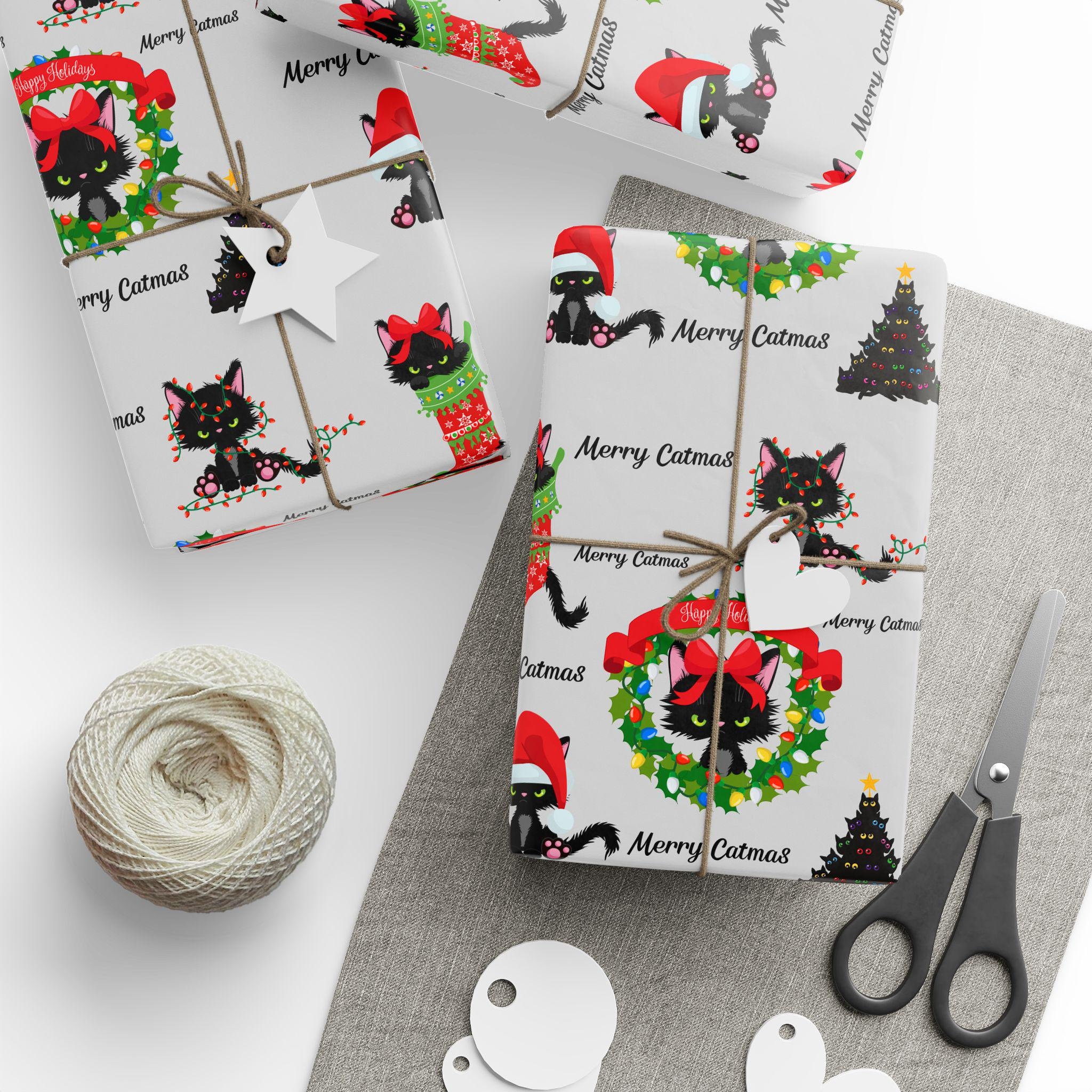 Merry Catmas Wrapping Paper, Cat Holiday Gift Wrap, Cat Funny Christmas Wrapping Paper Roll, Black Cat Birthday Gift Wrap