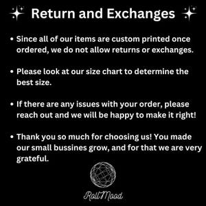 May include: Black and white text on a black background with a white graphic of a globe. The text reads "Return and Exchanges" and includes information about returns and exchanges. The text also includes a thank you message to customers. The text ends with the logo "Roll Mood".