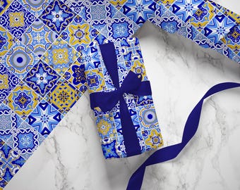 Blue Mediterranean Tile Gift Wrap: Citrus Wedding Wrapping Paper