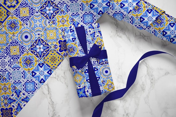 Blue Mediterranean Tile Gift Wrap: Citrus Wedding Wrapping Paper
