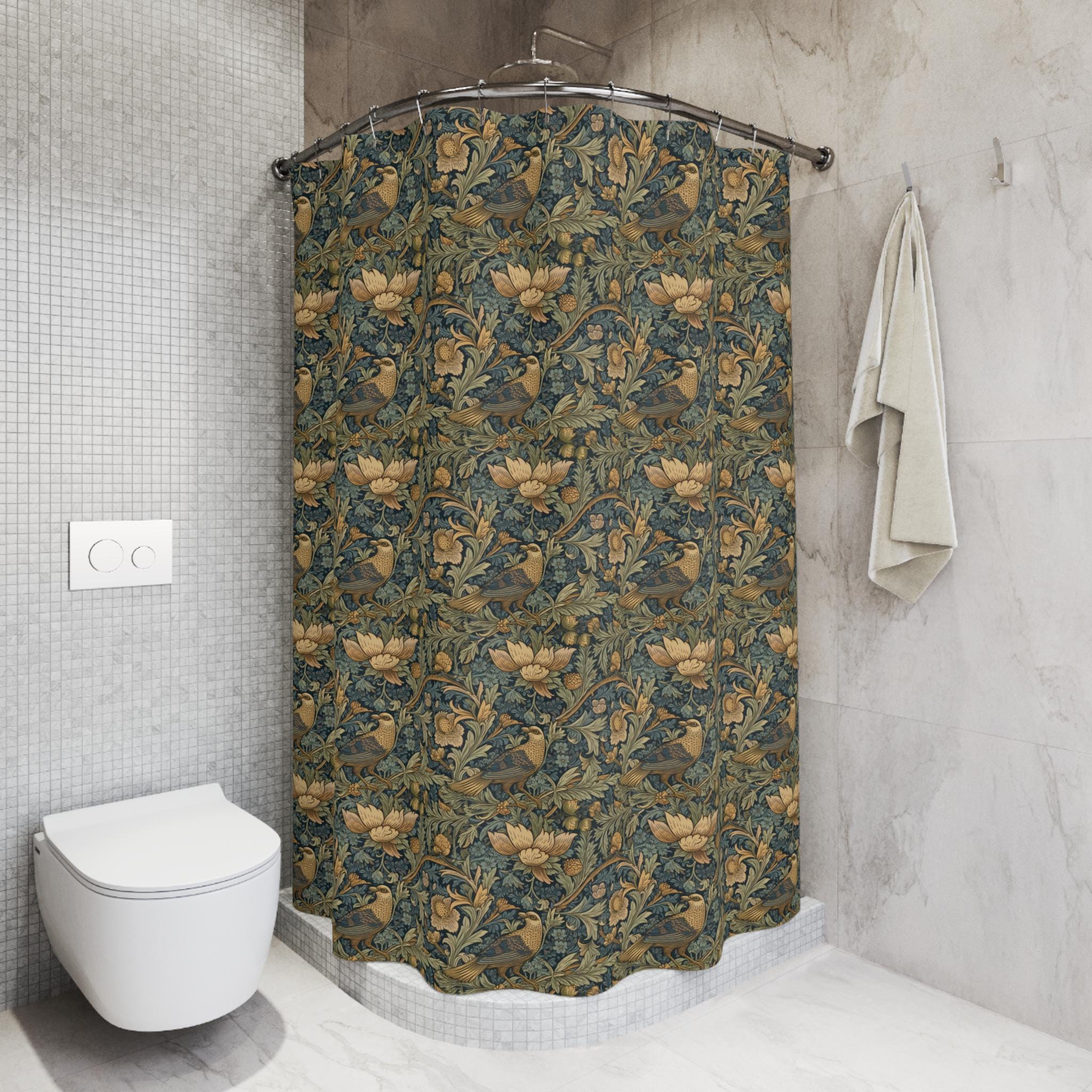 BYLEEHOMED Retro douchegordijn William Morris patroon badkamer gordijnen bloem vogel kleurrijke prints badkamer decor waterdicht wasbaar met haken 150
