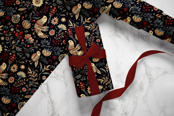 Folk Art Gift Wrap: Navy Blue Holiday Wrapping Paper Roll