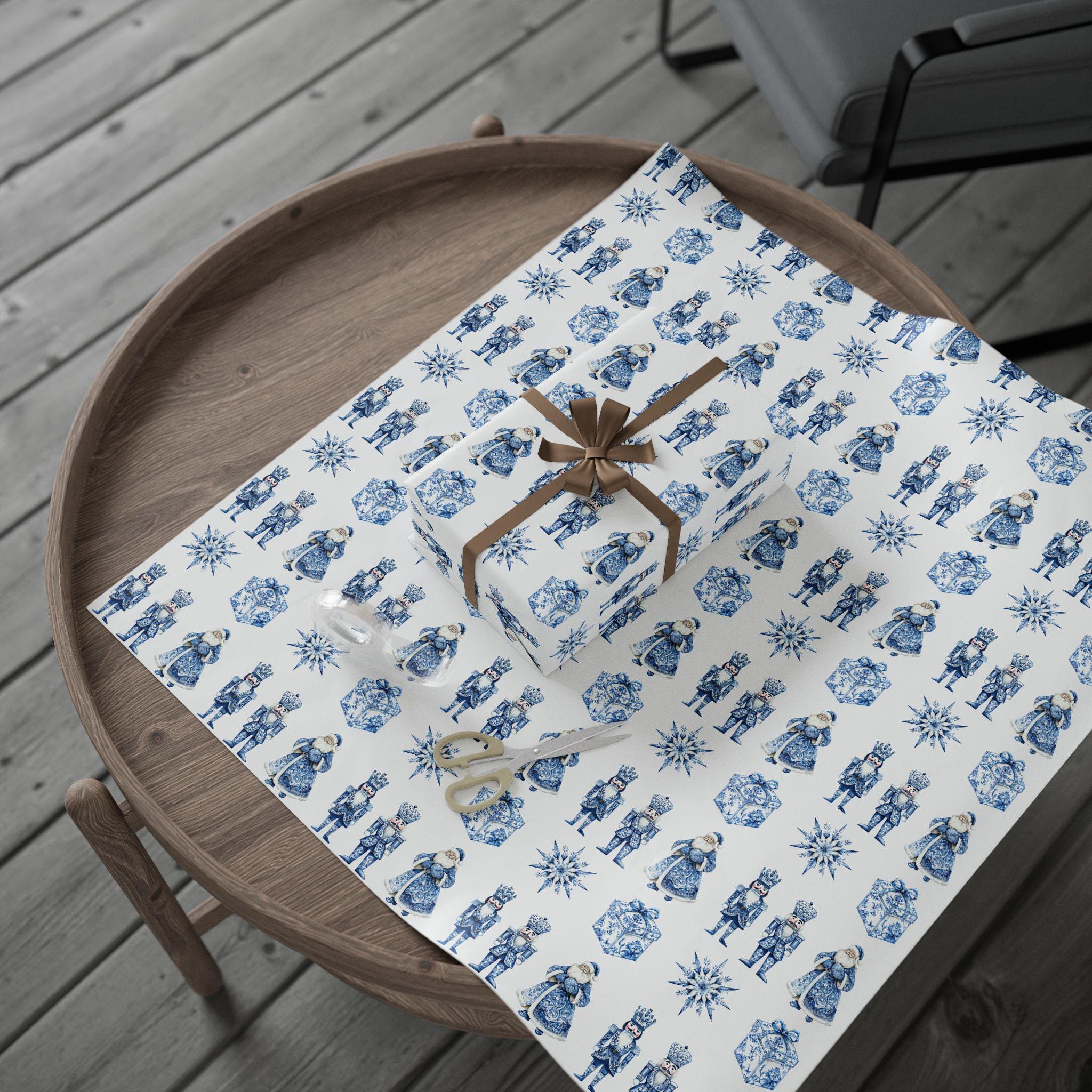 Nutcracker Blue Toile Christmas Wrapping Papers, Holiday Gift Wrap, Festive Gift Wrap, Christmas Wrapping Sheets, Wrapping Paper Roll