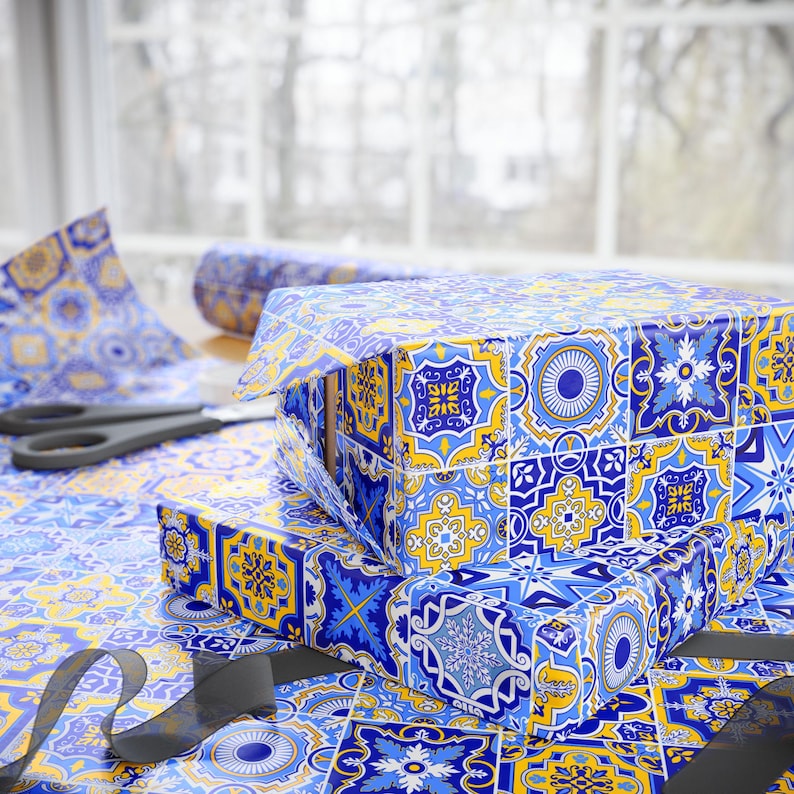 Blue Mediterranean Tile Gift Wrap: Citrus Wedding Wrapping Paper image 3