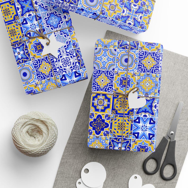 Blue Mediterranean Tile Gift Wrap: Citrus Wedding Wrapping Paper image 4
