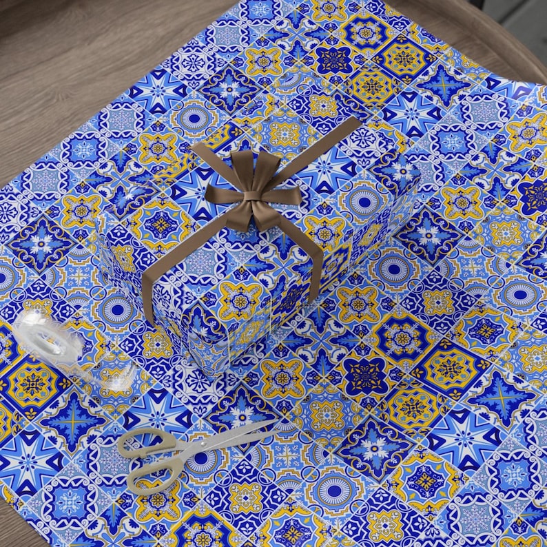 Blue Mediterranean Tile Gift Wrap: Citrus Wedding Wrapping Paper image 2