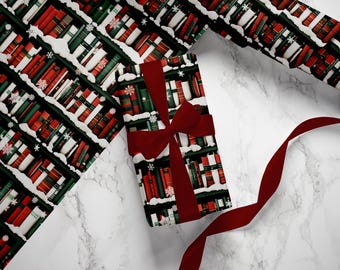 Christmas Bookshelf Gift Wrapping Paper, Festive Holiday Presents