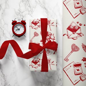 Papel de regalo con cartas de amor vintage, embalaje de lujo con forma de Cupido, papel de regalo retro para San Valentín, pájaros del amor, papel de regalo para las fiestas