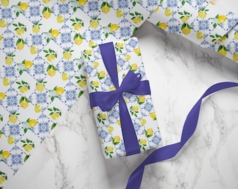Amalfi Coast Lemon Tile Wrapping Paper: Elegant Gift Wrap
