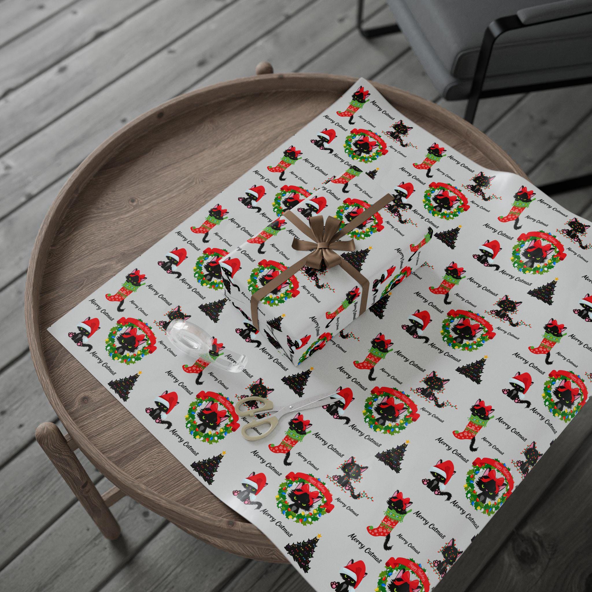 Merry Catmas Wrapping Paper, Cat Holiday Gift Wrap, Cat Funny Christmas Wrapping Paper Roll, Black Cat Birthday Gift Wrap
