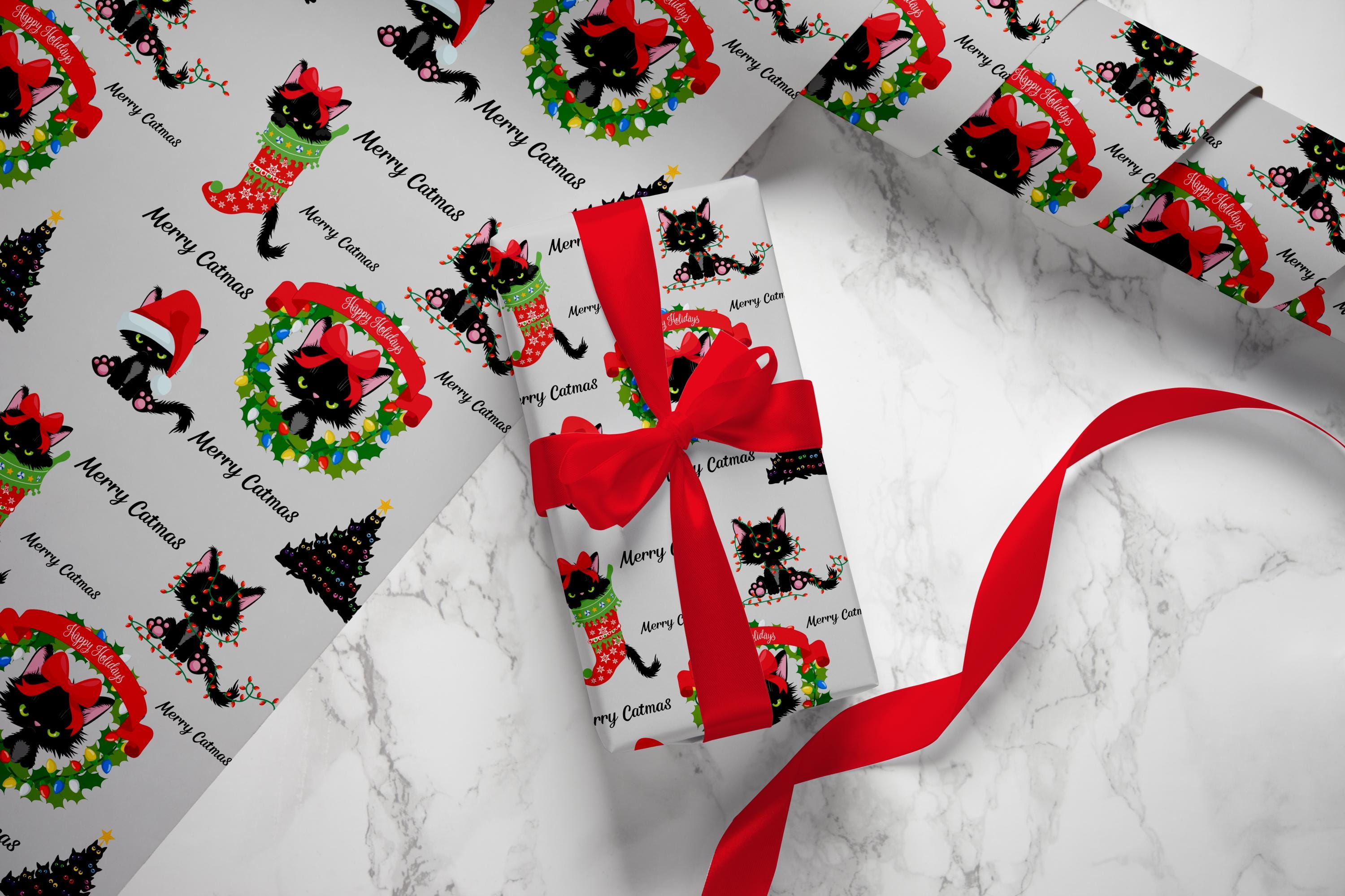 Merry Catmas Wrapping Paper, Cat Holiday Gift Wrap, Cat Funny Christmas Wrapping Paper Roll, Black Cat Birthday Gift Wrap