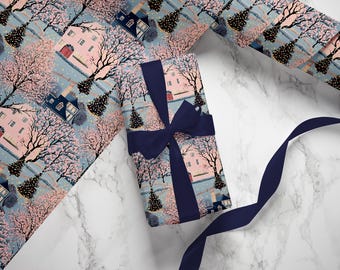 Vintage Christmas Village Gift Wrap: Pink Luxury Holiday Paper