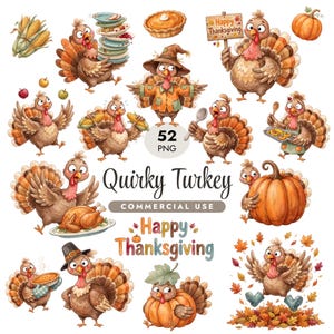 Pode incluir: Uma coleção de 52 ilustrações digitais com perus de desenho animado em várias poses de Ação de Graças, segurando milho, abóboras, tortas e placas com Happy Thanksgiving, com folhas de outono em um fundo branco.
