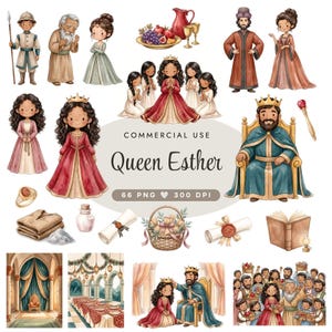 May include: A digital collection of watercolor illustrations featuring Queen Esther, a king on a throne, various characters in historical attire, a fruit platter, a scroll, a basket, a ring, and palace scenes with the text Commercial Use Queen Esther 66 PNG 300 DPI.