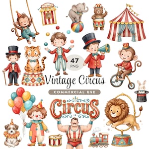 Puede incluir: Una colección de ilustraciones de circo estilo acuarela que incluye un mono en un columpio, un niño haciendo malabares, un león saltando a través de un aro, un oso con un tambor, un payaso con globos, un forzudo sosteniendo el letrero Circus y una carpa.