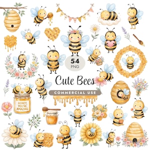 Bi Clipart PNG-paket, akvarell honungsbin och humlor för babyshower och festdekor