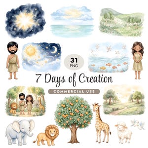 May include: A collection of 31 watercolor illustrations titled 7 Days of Creation for commercial use. The set features celestial bodies, landscapes, animals including a lion, giraffe, elephant, and sheep, and two figures in tan tunics.