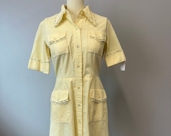 1960s cotton linen yellow dress w/lace trim size 6