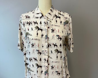 1990s silk Ann Taylor polo horse print blouse