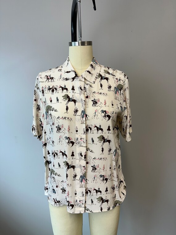 1990s silk Ann Taylor polo horse print blouse