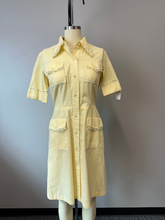 1960s cotton linen yellow dress w/lace trim size 6