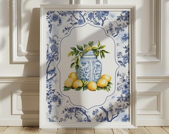 Chinoiserie Lemon Tree Vase Print | Blue and White Wall Art, French Country Decor (Instant Digital Download)