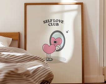 Self Love Club Digital Print | Pink Cute Heart Art | Instant Digital Download | Motivational Wall Decor | Modern Retro Aesthetic