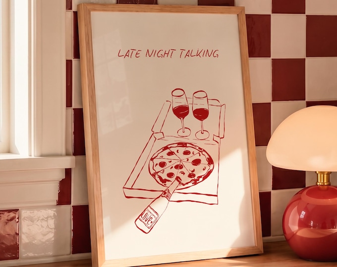 Late Night Talking Print | Pizza and Wine Wall Art | Night In Illustration | Romantic Love Poster | Minimalist Line Drawing | Lyric Print