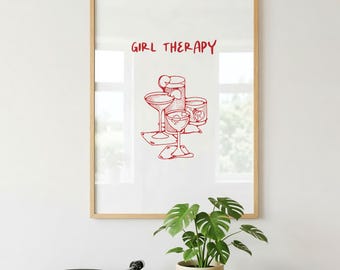 Girl Therapy Digital Print | Fun Cocktail Wall Decor | Red and White Decor | Line Drawn Art | Minimalist Aesthetic | Instant Download