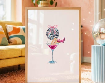 Discoball Martini Glass Digital Print | Chic Art | Instant Download | Feminine Mirror Ball Decor | Coquette Bow | Pink Cowgirl Aesthetic