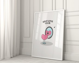 Self Love Club - Impressão Digital | Arte com Coração Rosa Fofo | Download Digital Instantâneo | Decoração de Parede Motivacional | Estética Retrô Moderna