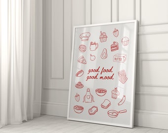Good Food, Good Mood Digital Print | Kitchen Wall Art | Instant Digital Download | Foodie Poster | Red and White Decor | Patchwork Art