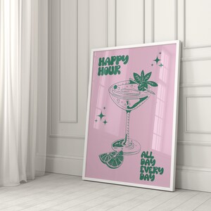 Martini Happy Hour Digitaler Kunstdruck | Spaß Retro inspirierte Cocktail Wand Kunst | Home Bars & Party Spaces | Grün und Rosa Dekor | Minimalistisch