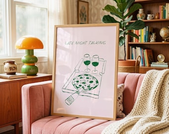 Late Night Talking Print | Pizza and Wine Wall Art, Minimalist Line Drawing (Digital Download)
