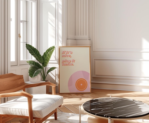 Retro Music Print, Vinyl Record Player Decor, Pink Orange (Instant Download)