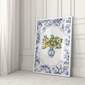 Impression chinoise de citronnier | Art mural bleu et blanc | Décoration champêtre française | Bocal de citron en téléchargement numérique | Cottagecore été imprimable
