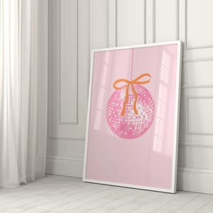 Pink Disco Ball Bow Print, Preppy Wall Art, Coquette Decor, Cute