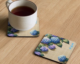 Dessous de verre japonais en liège avec hortensia - Hortensia ajisai tatami design Art traditionnel - Dessous de verre pour décoration intérieure - Dessous de verre unique japonais