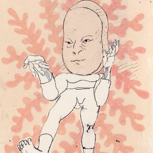 May include: A black and white line drawing of a person with a large head and a body with two arms and two legs. The person is standing on a pink background with a pattern of coral.