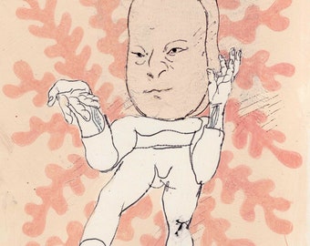 May include: A black and white line drawing of a person with a large head and a body with two arms and two legs. The person is standing on a pink background with a pattern of coral.