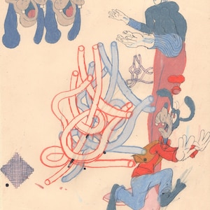 May include: A colourful illustration featuring two cartoon dog heads, a man wearing a hat and red trousers, and a cartoon dog running on a pink skateboard. The background includes a tangle of red and blue lines and a small checkered pattern.